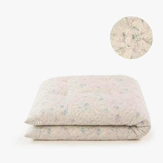 Japanese Futon Mattress, Artisan Handmade (Fabric: Japandi Kikumon Chrysanthemum Gray)