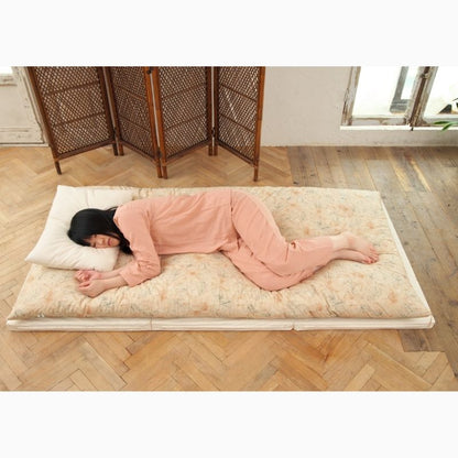Japanese Futon Mattress, Artisan Handmade (Fabric: Japandi Kikumon Chrysanthemum Ivory)
