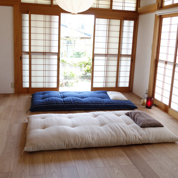 Japanese Futon Mattress Made by Craftsmen (Fabric: Enshu Weave Cotton Shima Stripes Pattern, Filling: Organic Cotton 100%)