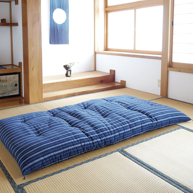 Japanese Futon Mattress Made by Craftsmen (Fabric: Enshu Weave Cotton Shima Stripes Pattern, Filling: Organic Cotton 100%)