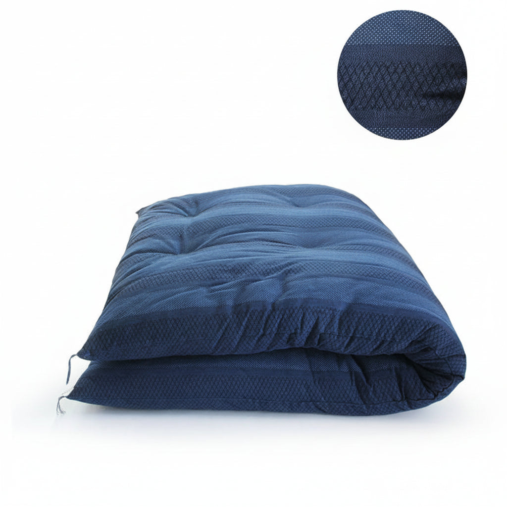 Japanese Futon Mattress, Artisan Handmade (Fabric: Enshu Weave  Filling: Organic Cotton 100%,) MIXED BLUE