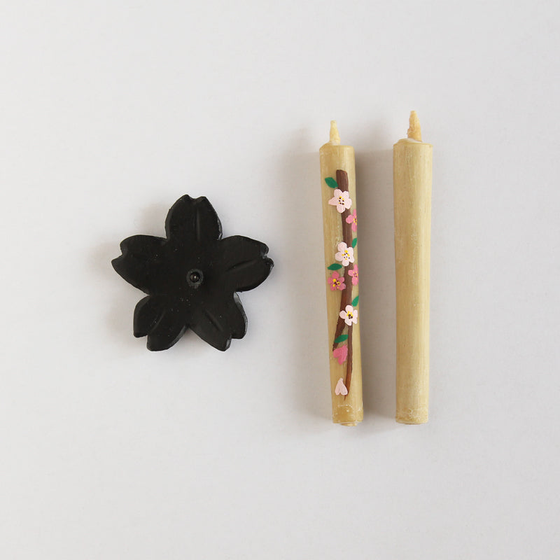 Warousoku Hand-painted candles & holder (Sakura)