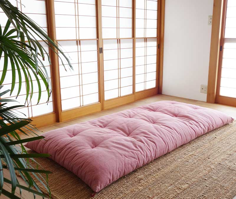 Colchão de futon japonês, feito à mão (tecido: algodão tingido com ervas, enchimento: 100% algodão orgânico), listra de garança
