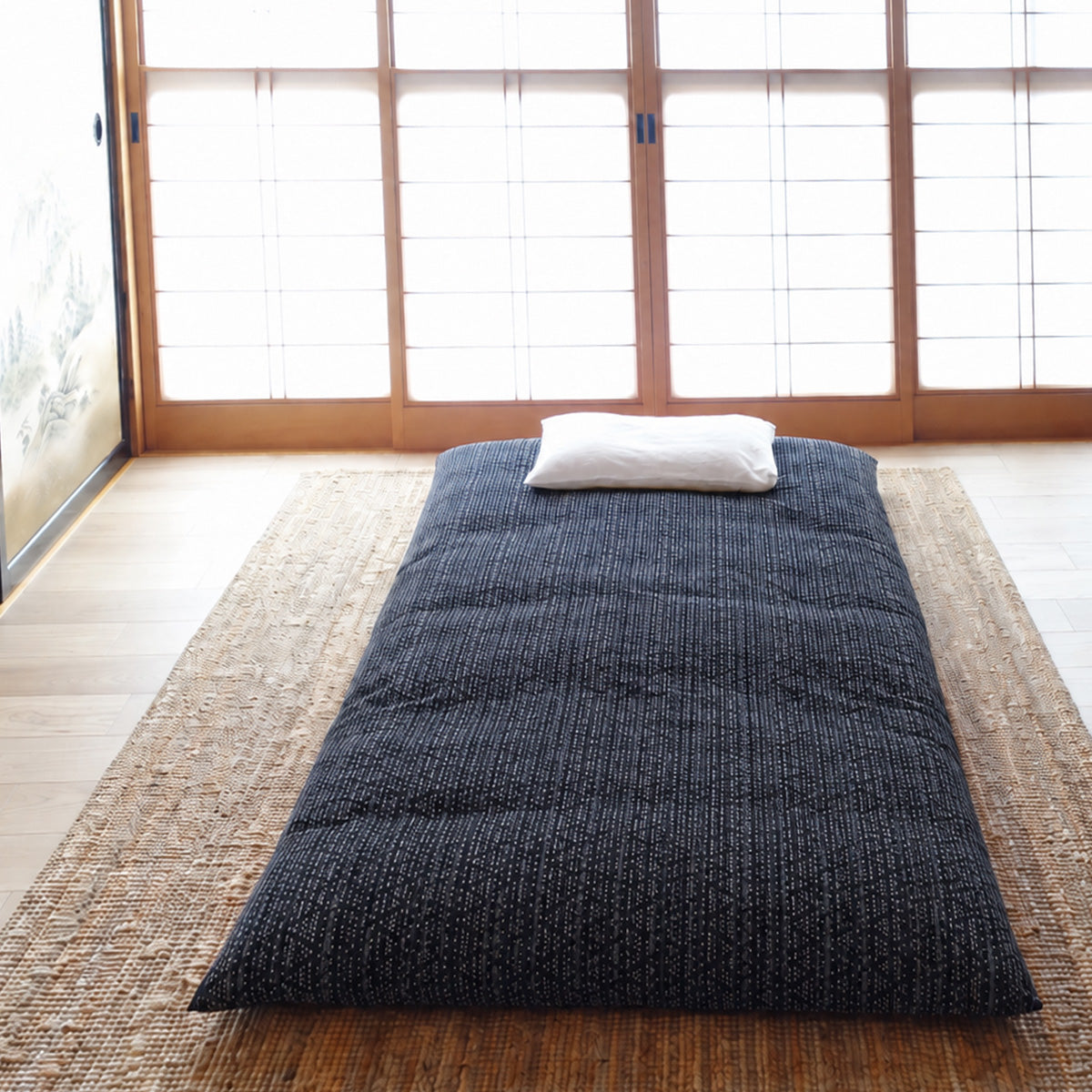 Enshu Weave Textile Futon Mattress Cover  MON ORI SASHIKO Dark Navy