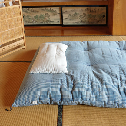 Japanese Futon Mattress, Artisan Handmade (Fabric: Herbal Dyed Cotton Filling: Organic Cotton 100%) Indigo Stripe